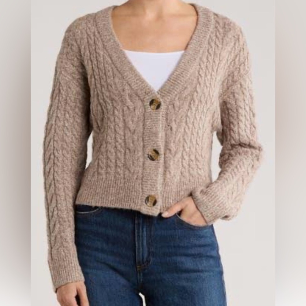 Sincerely Jules Cardigan Cozy Oatmeal Cable-Knit V-Neck 3 Button Cardigan Small